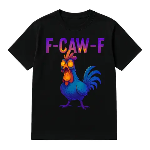 Women's Halloween Rooster Meme Shirt, F-CAW-F Funny Rooster Print, Neon Gradient Letters, Loose Casual Soft Cotton Fabric, Streetwear Holiday Party Unisex Graphic Top