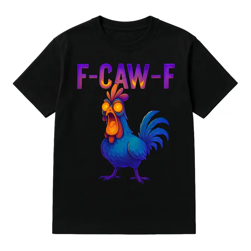 Women's Halloween Rooster Meme Shirt, F-CAW-F Funny Rooster Print, Neon Gradient Letters, Loose Casual Soft Cotton Fabric, Streetwear Holiday Party Unisex Graphic Top