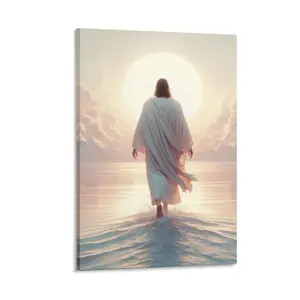 2D flat design, Jesus walking on water canvas wall art, Christian God painting wall decor, minimalist faith inspirational sacred wall art, printed poster artwork, suitable for living room, bedroom, and Christian church home decoration, 2D flat poster