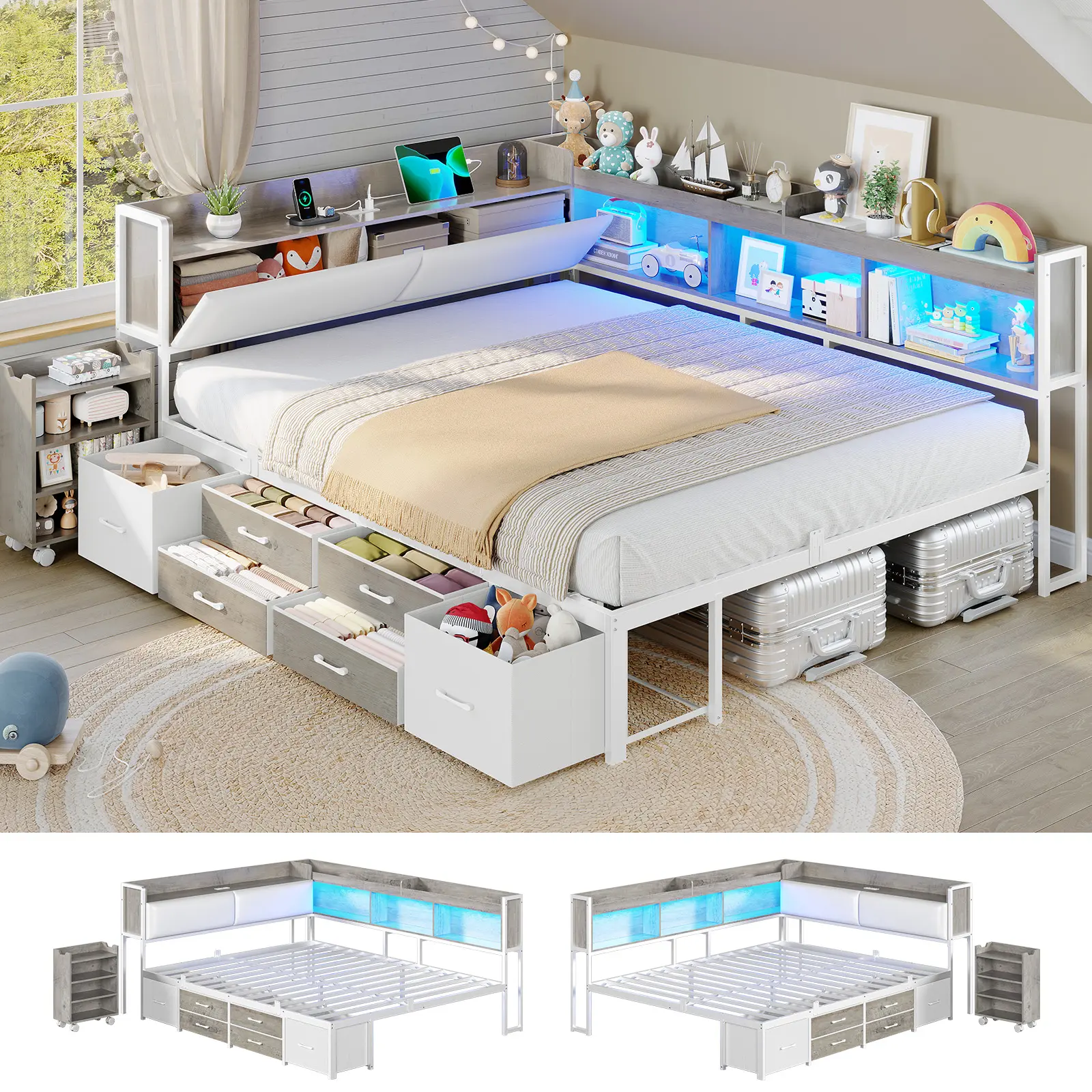 AOGLLATI Full Corner Bed Frame with Bookcase and Hidden Storage & Pull-Out Cabinet-14 Inch Metal Full Size Bed Frame with 6 Storage Drawers & Charging Station Daybed for Teens