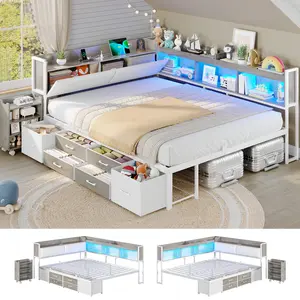 AOGLLATI Full Corner Bed Frame with Bookcase and Hidden Storage & Pull-Out Cabinet-14 Inch Metal Full Size Bed Frame with 6 Storage Drawers & Charging Station Daybed for Teens