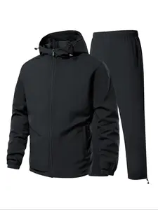 Two piece men's hooded zipper cardigan jacket and pants set, outdoor sportswear, Athletic Tracksuit Set, elastic waistband design, casual wear, suitable for spring and autumn seasons, Casual Sweatsuits