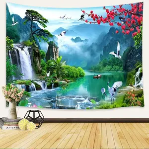 Japanese Tapestry Wall Hanging, Asian Anime Mount Forest Tapestry Fantasy Fairy Tale World Waterfall Cherry Blossom Nature Scenery Tapestry, Aesthetic Tapestry For Bedroom 80X60 Inches