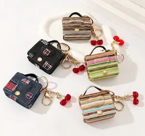 Vintage Denim-Style Cherry Decor Striped Leather Charm - Unisex Pendant, Trendy Luggage & Bag Accessory for Handbag Ornaments, Daily Outfit Matching