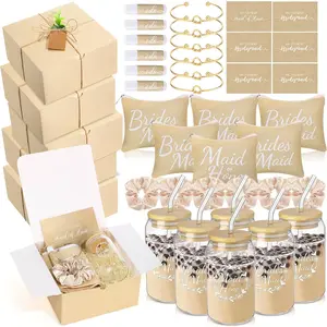 54 Pcs Bridesmaid Proposal Gifts, Maid of Honor Gift Include Wedding Gift Box Makeup Bag Invited Card Glass Cup Lip Balm Scrunchie Bracelet for Bridal Shower Bachelorette Party(Beige)