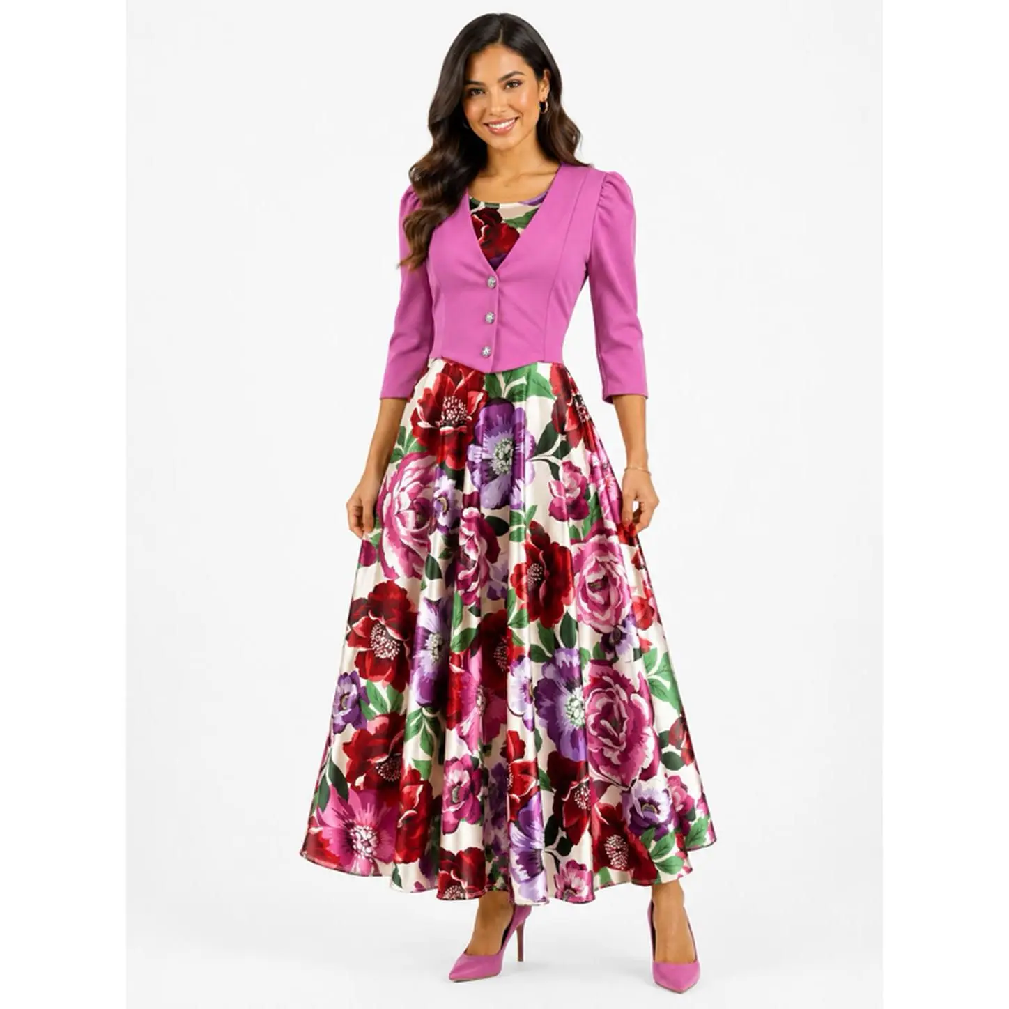 Hermoso Floral Print Pink Dress in Sizes S M L XL for Women