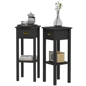 Black 2 Tier Side Table Set of 2 Slim Narrow Profile Storage Drawer and Shelf Standard Size 33 lbs Weight Capacity for Sofa Side