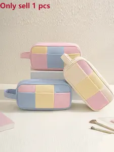 2026 New Corduroy Cosmetic Bag, Women's Color Blocked Travel Cosmetic Bag, Cute Quilted Toiletries Storage Bag with Handle