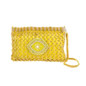 Alex Max Spell Eye Beaded Woven Clutch Crossbody, Yellow
