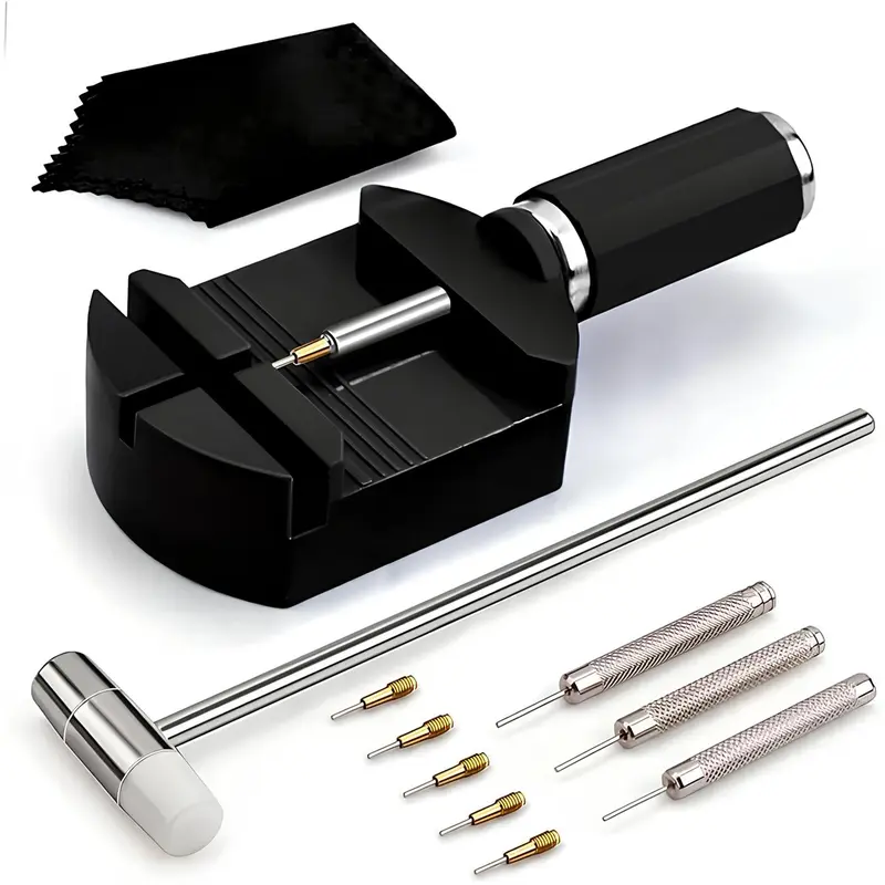 11 PCS Manual Plastic Watch Repair Toolkit - Handle-Equipped Metal-Link Removal Tools, Magnetic Tip Link Pin Remover, Mini Hammer, Punch Set, Replacement Tips for DIY Band Adjustment, Fast Resizing Without Glue, Stainless Steel Compatible