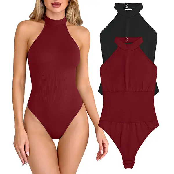 OQQ Women 2 Piece Bodysuits Halter Neck Casual Go Out One Piece Tops Sleeveless Thong Bodysuits