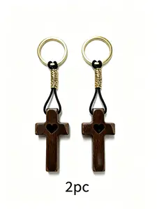 Wooden Cross Keychain, 2-Pack: Exquisitely crafted wooden cross keychains featuring a heart-shaped design. Adjustable length, perfect for keys, backpacks, and wallets. A stylish keychain.