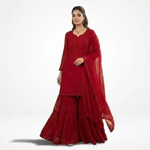 Red Gharara in Georgette fabric daily wear Casual Womenswear Summer Long Sleeve Maxi Dress