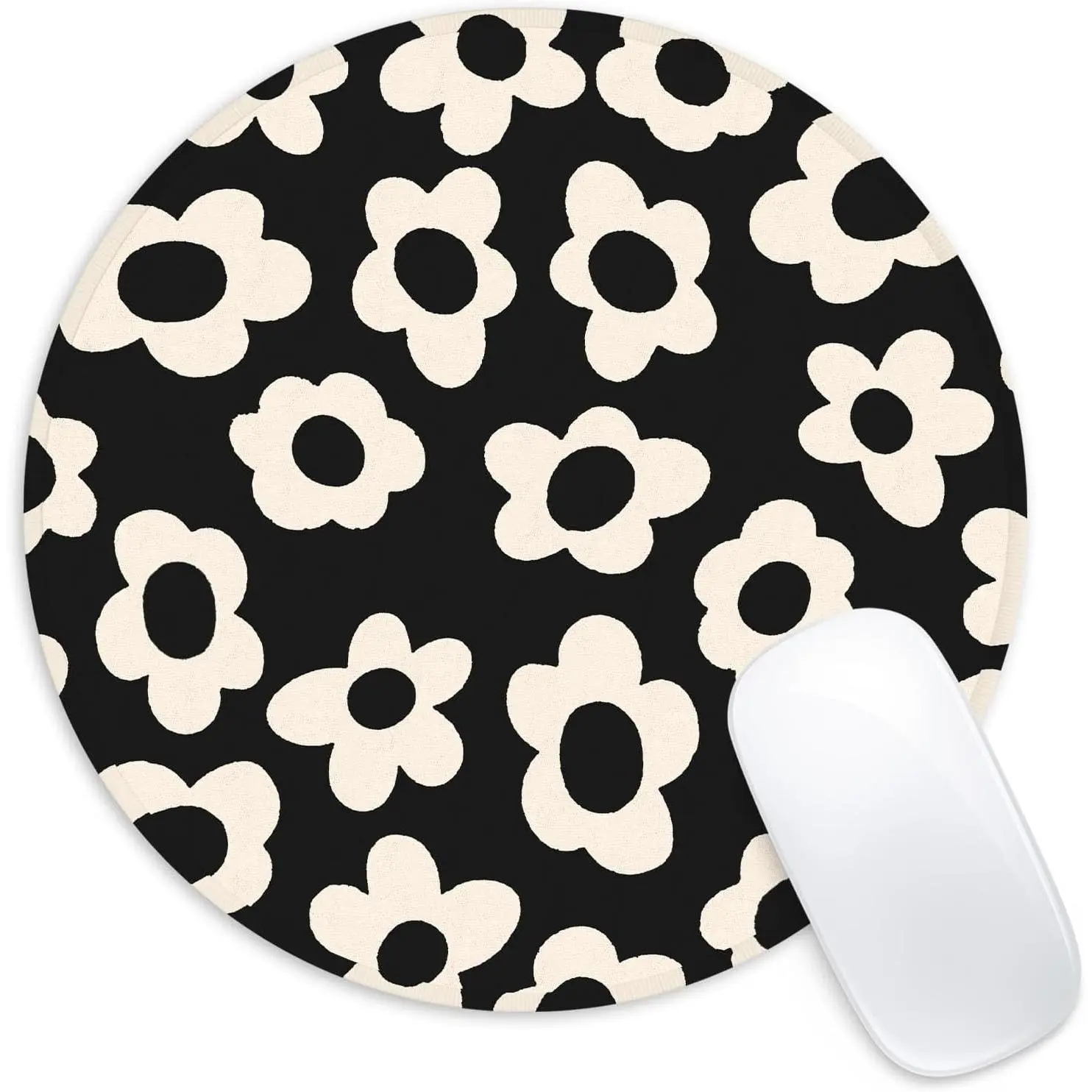 Round Shape Funny White Flower Mousepad - 8.7in Small Synthetic, Non-Slip Rubber Base, Smooth Motion Mousepad Made for Gaming, Multiple Styles for Office Decor