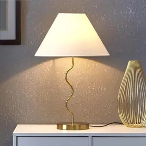 Brightech Squiggle Desk Lamp – Tall LED Table Lamp for Bedroom, Living Room, Office – Boho Mid-Century Modern Bedside Table Lamp with A-Line Open Shade and LED Bulb – Gold/Antique Brass