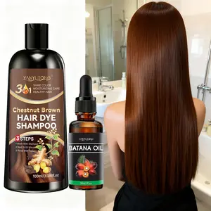 100ml 3-in-1 Herbal Natural Hair Dye Shampoo + 30ml Batana Oil: Chestnut Brown naturally covers hair, dyes while washing. The oil targets dry/damaged hair, double effects of deep hydration & hair softening, boosts shine—suitable for all hair types
