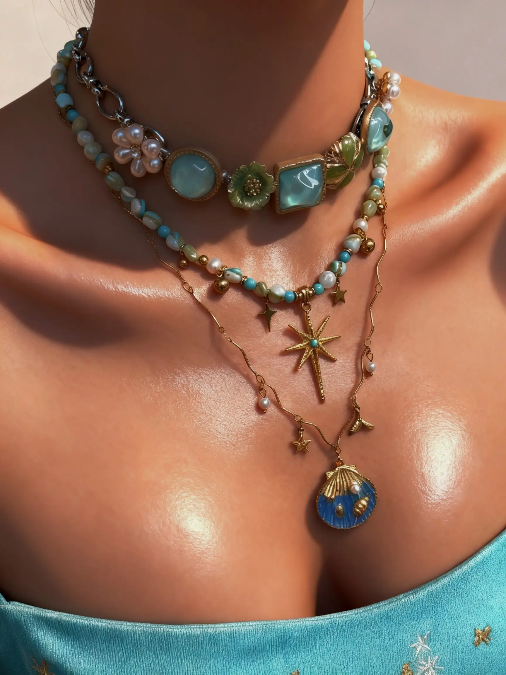 3 Pcs Ocean Style Layered Necklaces, Fresh Vacation Vibes, Starfish Shell & Beaded Flower Design, Beach/breakfast Chic Accessory, Alloy Pendant Necklace