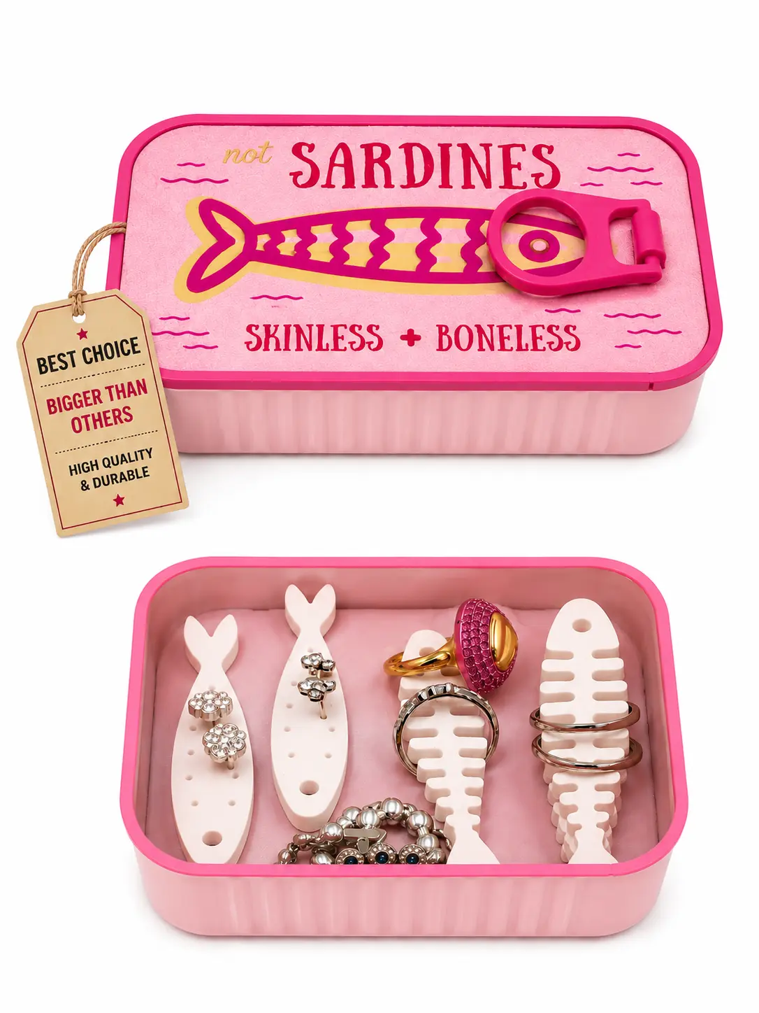 3D Printed PLA Plastic Fish Shape Jewelry Organizer - Retro Tin Sardine Can Design with Earring Slots, Desk-Size Organizer for Dresser Organization, Compact Jewelry Storage Gift for Valentine’s Day, Birthdays