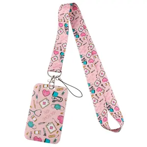 Cute Pink Cartoon ID Credit Card Cover Pass Badge Holder Hang Rope Lariat Lanyard Keychain Wristlet Strap Mobile Phone Charm Nurse Doctors Neck Straps Key Holder Accessories