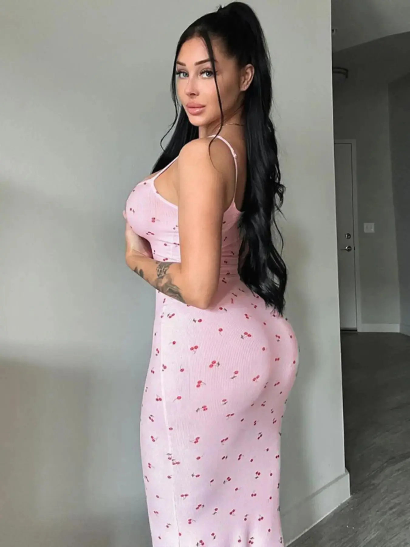 Cherry Print Adjustable Sleeveless Cami Bodycon Slip Dress Summer Vacation Party Club Long Dresses For Women