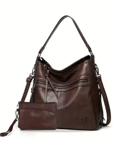 Women PU Leather Handbag Set, Vintage Multi-Pocket Design Large Shoulder Bag + Wallet, Ideal for Outdoor Travel Shopping