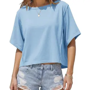 Fisoew Sports 2026 Womens Oversized Crop Tops Summer Short Sleeve Crewneck T Shirts Casual Loose Basic Tee Workout Shirts