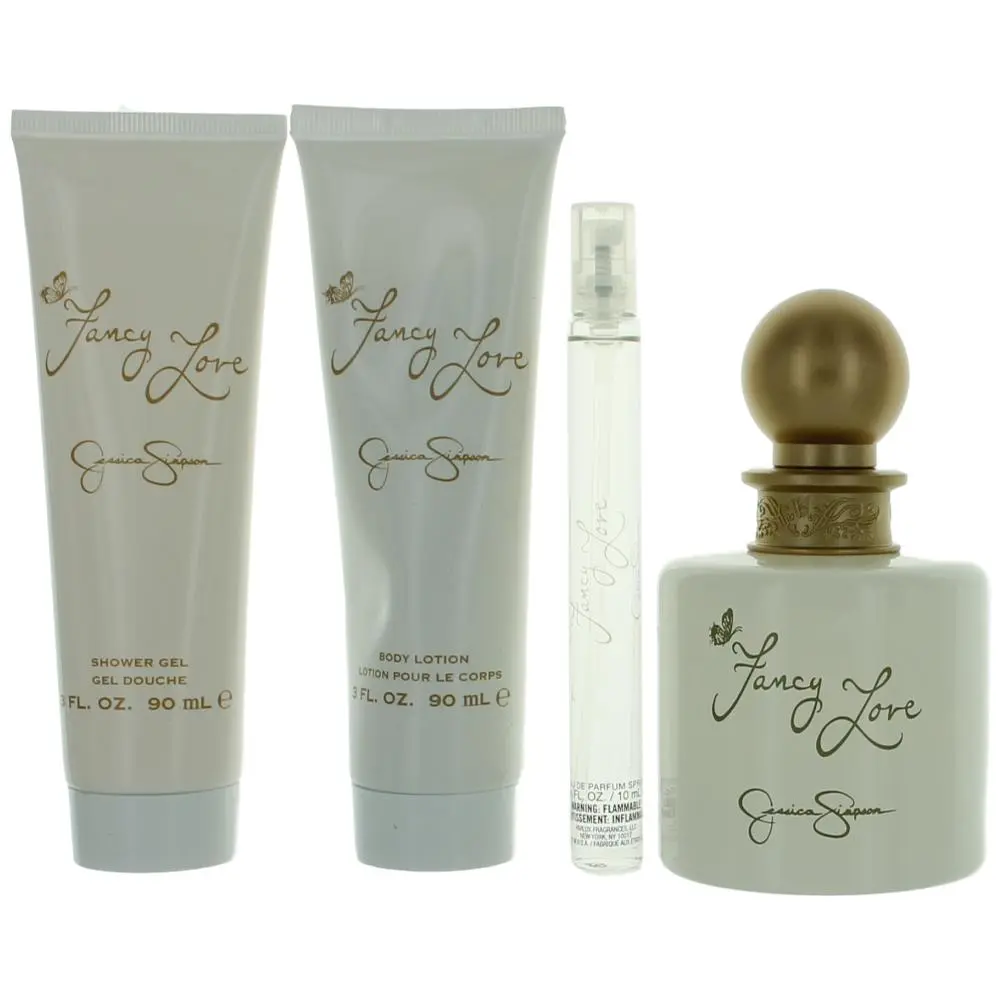 Fancy Love by Jessica Simpson, 4 Piece Gift Set for Women, Amber, Lotus, Fragrance Sets, Body Care, Scented, Peach, Fruit, Moisturizing, Edp Spray, Adults