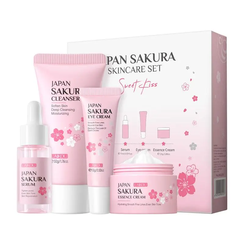 Sakura Skincare Total Care Set, Facial Cleanser & Serum & Eye Cream & Moisturizer, Hydrating Moisturizing Skin Care Kit for Women