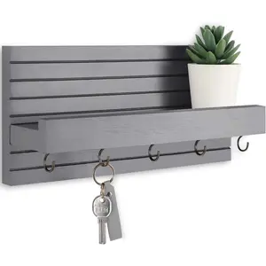 Decorative Key Holder for Wall with Shelf, Entryway Shelf with Hooks Holds Leashes, Jackets and Glasses – Sturdy Wood Keyholder Entrance Hanger with Mounting Hardware (Gray, Medium)