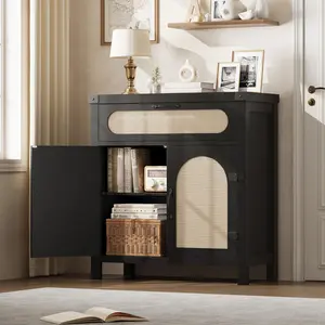 【Christmas Gift】Black 29.9 inches Small Rattan Buffet Cabinet with Storage  Kitchen Coffee Bar Cabinet with Doors and Drawer  Boho Farmhouse Sideboard with Adjustable Shelves and Handle for Living Room -Black
