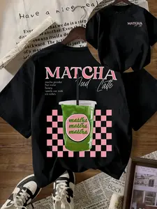 Matcha Latte Print Short Sleeve T-Shirt for Women, Vintage Chessboard Loose Fit Oversized Top, Summer Casual Drink Design Tee