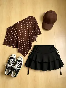 American Plus Size Women's Asymmetrical Shoulder Polka Dot Skirt, Sexy Loose-Fit Summer Dress Set, Fashionable Two-Piece
