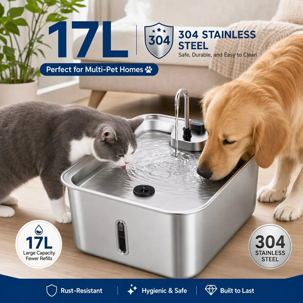 Sovelivee 17L/4.5 Gal XXL Capacity 304 Stainless Steel Automatic Pet Water Fountain, Ultra-Durable Filtered Quiet Metal Bowl for Large Dogs, Multi-Pet Homes, Dual Modes