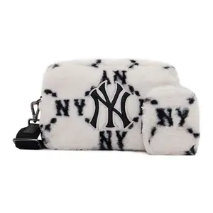 MLB Monogram Series New York Yankees Logo Embroidered Floral Print Fluffy Camera Bag, Unisex Crossbody Sling