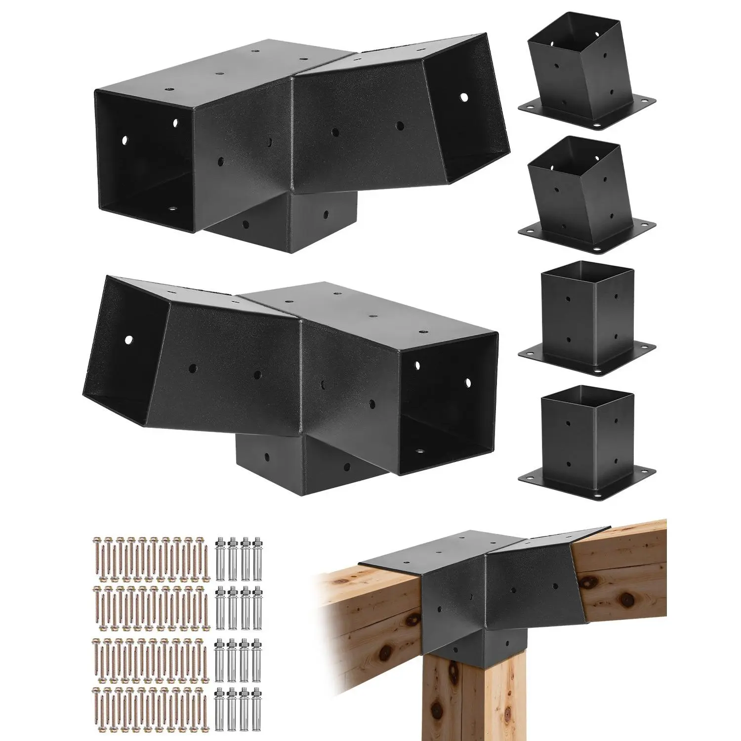 【Summerfinds】VEVOR Pergola Kit, 4x4 Inch 3-Way Slanted Brackets for 3.5x3.5 Inch Wood Beams in Actual Size, 2-Pack Pergola Brackets with 2 Post Bases and 2 Wall Mount Bases, for Outdoor Pergolas, Gazebos, Sheds