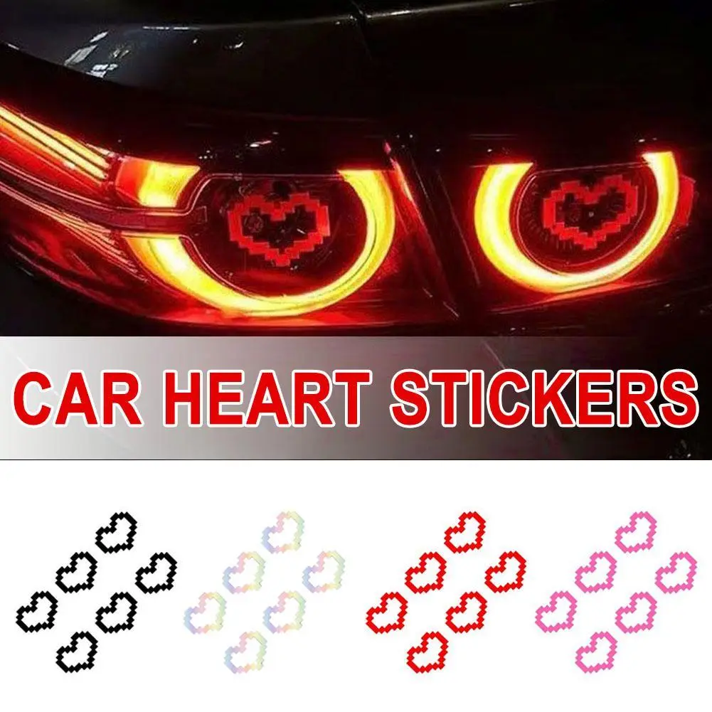 2026 New 6PCS Mosaic Heart-shaped Pixel Heart-shaped Car Window Decoration, Waterproof Headlight and Taillight Decoration Stickers