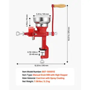 VEVOR Manual Grain Mill with Low Hopper, Hand-Crank Corn Grinder, Heavy Duty Cast Iron Wheat Grinding Mill with Stable Table Clamp Dust Cover for Grains Spices Coffee Beans Nuts