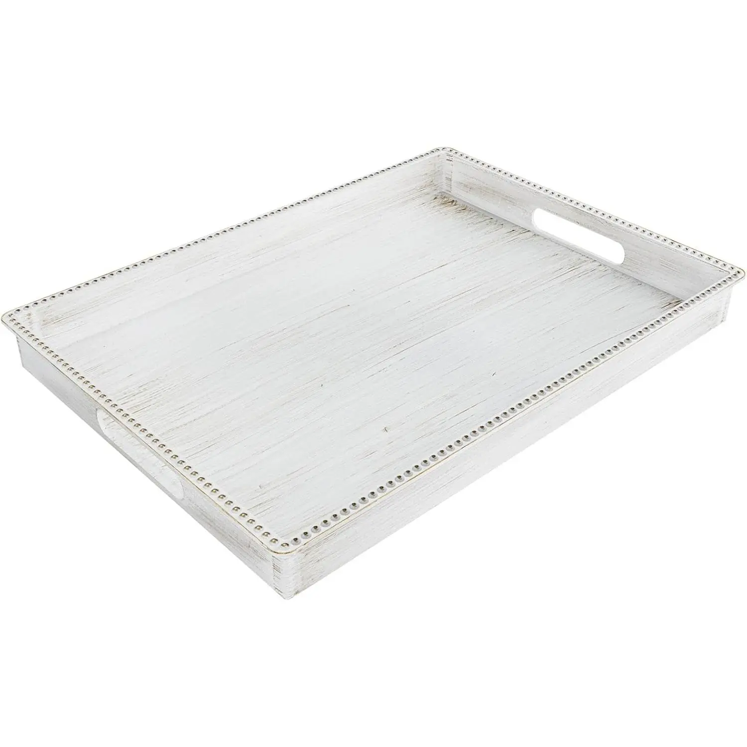 MAONAME Vintage White Serving Tray with Handles, Farmhouse Beaded Decorative Tray, Rectangular Coffee Table Trays, Plastic Ottoman Trays for Living Room, Bathroom Decor, 16.3" x 12.4" x 1.6"