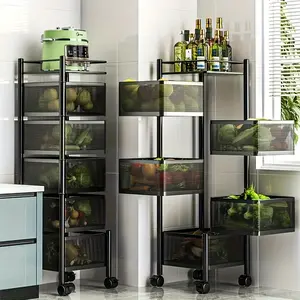 5-Tier Rotating Kitchen Storage Shelf - Metal Wire Mesh & Black Square Baskets on Wheels, Multi-Purpose Floor-Standing Organizer for Fruits Vegetables Utensils, Space-Saving Modern Design for Kitchen Bathroom Pantry, Versatile Trolley |   Rotating Storage