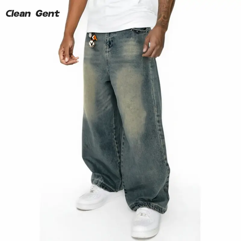 Clean Gent Vintage Washed Jeans Men's Loose Fit Wide Leg Denim Pants American Street Style Casual Trendy All Season Apparel