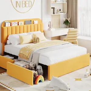 Yellow Full Bed Frame with Storage Headboard,Girls Bed Frame with 2 Drawers,Boucle Upholstered Platform Bed with Bookcase,No Box Spring Needed,Easy Assembly