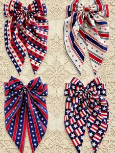 4pcs America Independence Day Hair Accessories Set, American Flag Print Star Bow Clips, Blue Classic Colors, Women Party Headwear