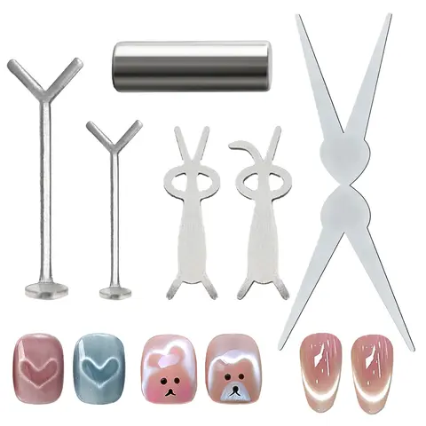 6 Styels Cat Eye Magnet for Nails, Scissor-shaped Heart Shape Magnetic Effect, Cylindrical Double-head Magnetic Sticks, DIY Manicure Kit with Y-Shaped Guide Sticks, Nail Art Tools, Nail Art Accessories, Nail Supplies