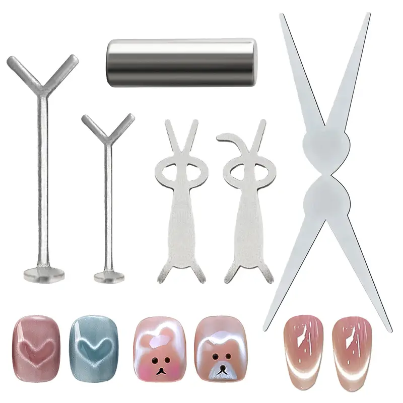 6 Styels Cat Eye Magnet for Nails, Scissor-shaped Heart Shape Magnetic Effect, Cylindrical Double-head Magnetic Sticks, DIY Manicure Kit with Y-Shaped Guide Sticks, Nail Art Tools, Nail Art Accessories, Nail Supplies