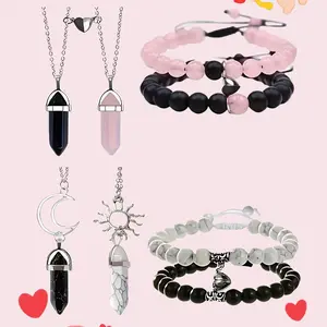 4PCS Magnetic Couples Bracelets Matching Bracelets Adjustable Connecting Bracelets and the necklace, Couple accessory set