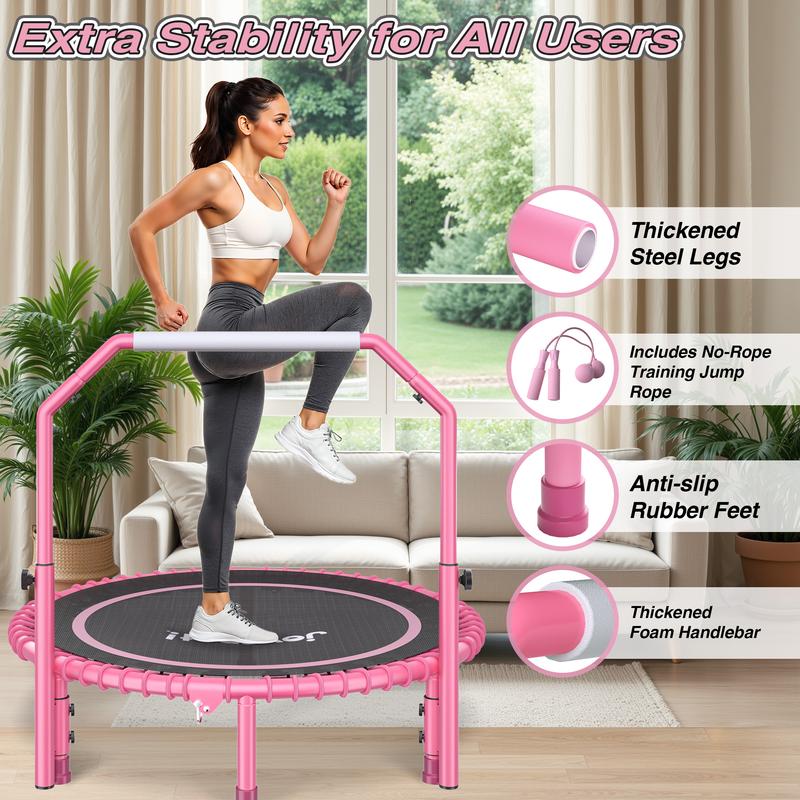 JOY SPOT! 450 LBS Foldable Trampoline 40" Fitness Trampoline with Bungees Adjustable Foam Handle/T Handle No Rope Training Jump Rope Home Gym Workout Stable Quiet Exercise Rebounder for Adults, Valentine's gift