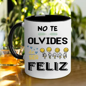 1pc 11oz/ 330ml Spanish Letter Ceramic Mug, "No Te Olvides de Ser Feliz" Happy Quote, Wide Mouth, Perfect for Friends, Lovers, Office, Home, Camping, Picnic, Travel, Suitable for Valentine's, Thanksgiving, Christmas, Halloween, New Year, Outdoor Cup