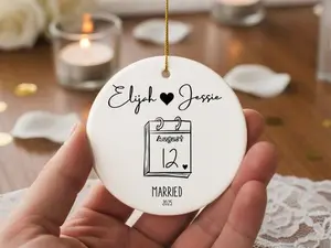 Custom NAME Personalized Married Calendar Date Ceramic Ornament | Custom Names Wedding Date Keepsake | Anniversary Gift for Couple