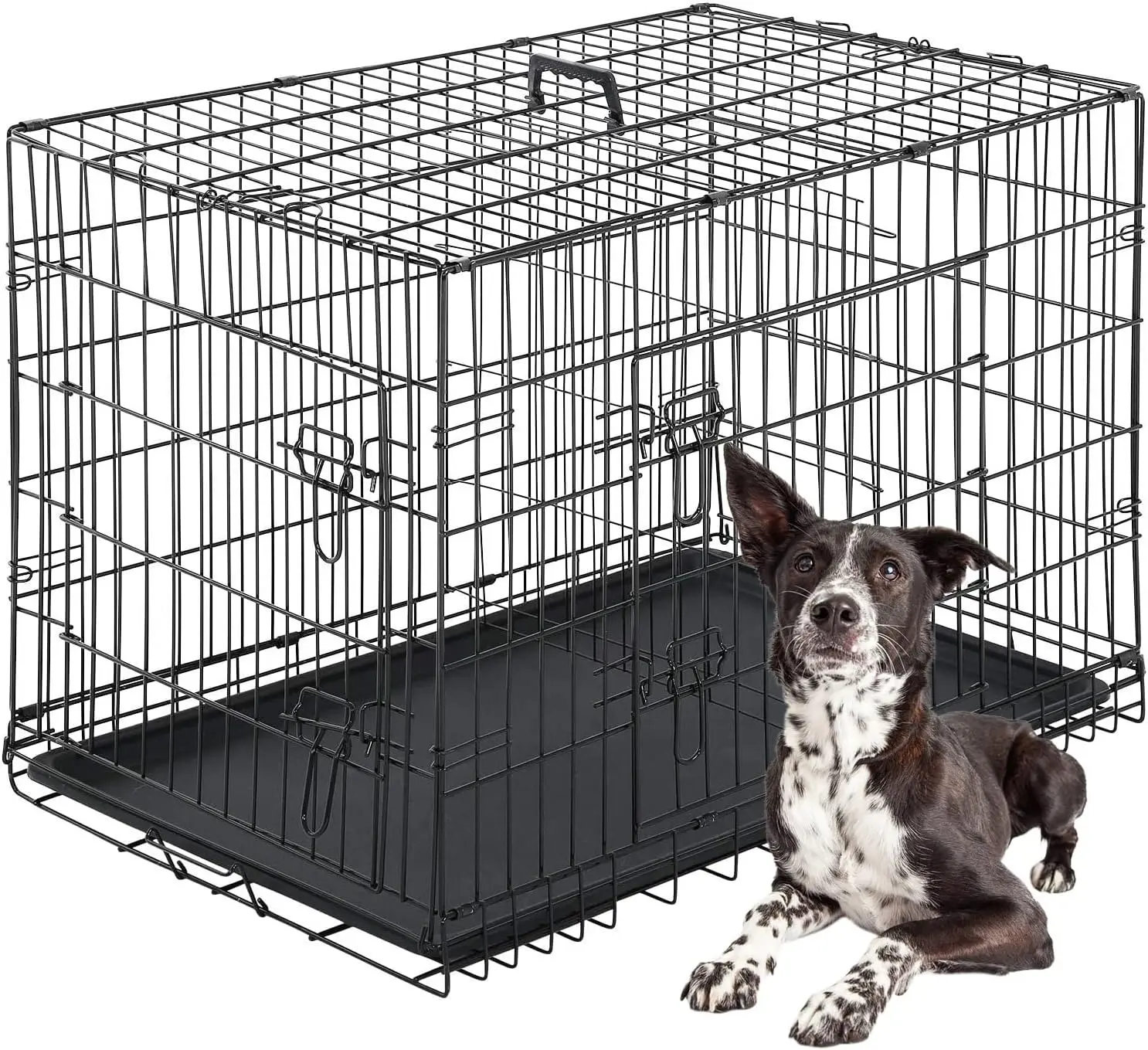42-Inch Steel Collapsible Metal Frame Dog Crate, Foldable Kennel with Double Doors, Divider Panel, Leak-Proof Plastic Tray, Indoor-Outdoor Black Pet Cage for Large Dogs, Kennel/Cage, 42 Inches