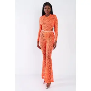 Orange Floral Lace Bodysuit Flare Leg Jumpsuit Does not apply